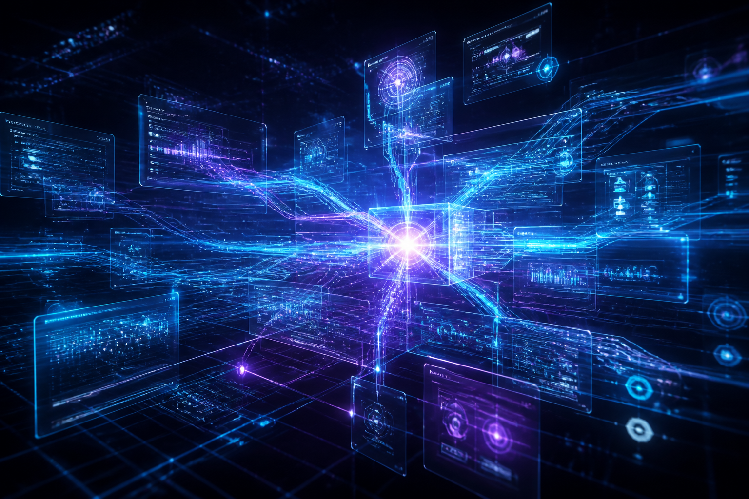 Sistemas, automação e IA — visual abstrato de tecnologia